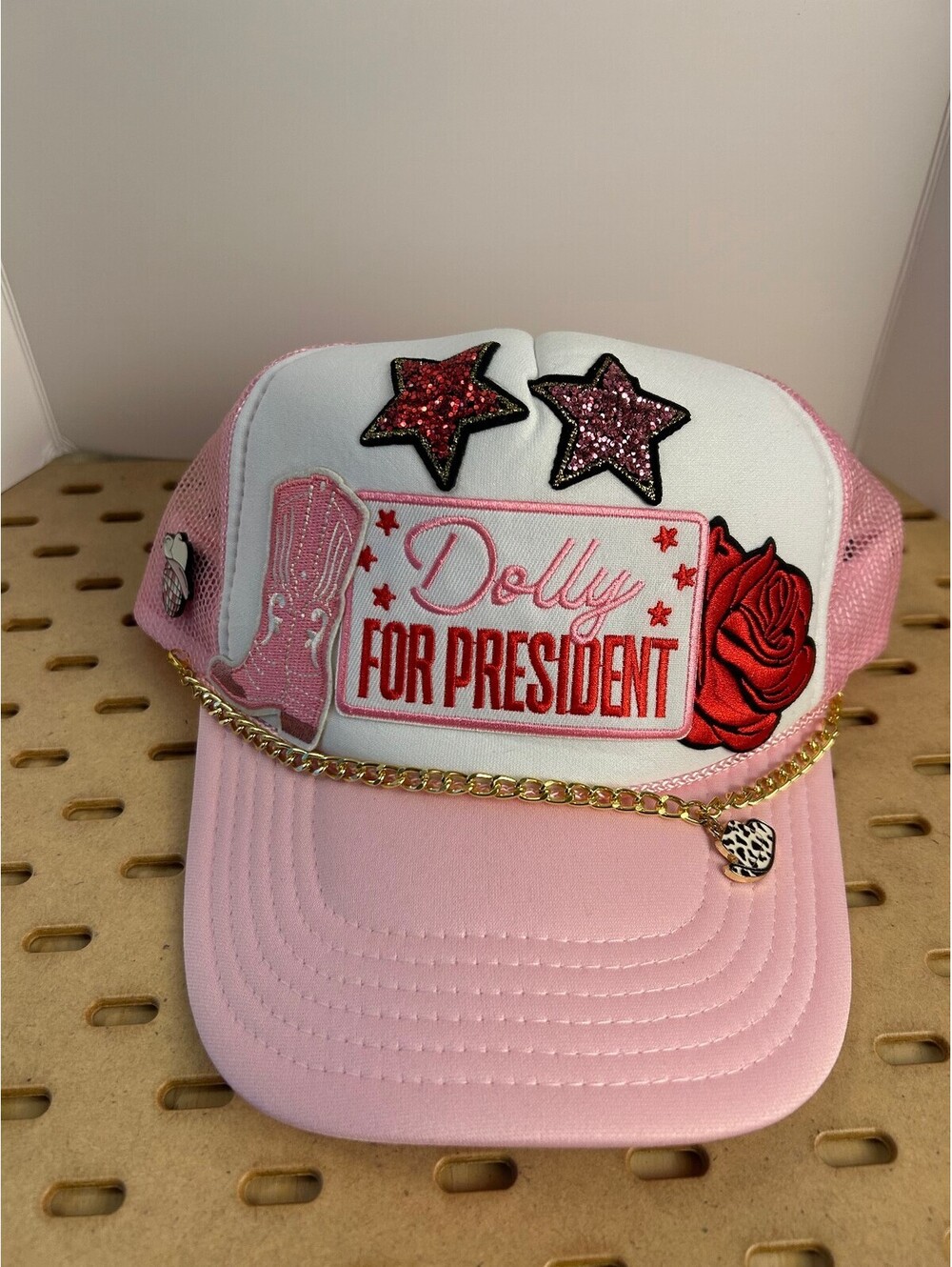 Pink and White 'Dolly For President' Embroidered Mesh Cap Dolly Parton